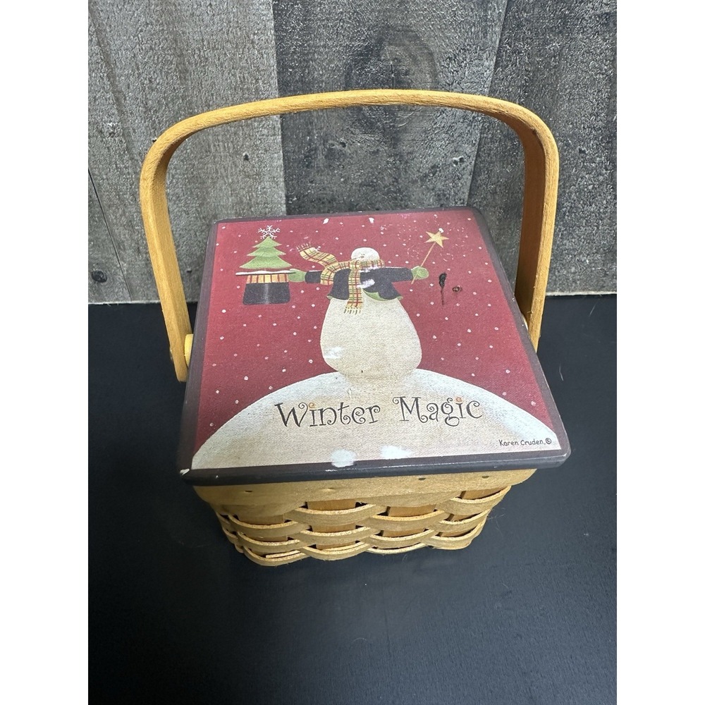 CHRISTMAS Basket Karen Cruden Winter Magic Snowman Country 4" Handled w/lid